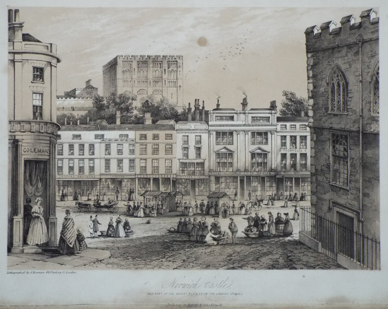 Lithograph - Norwich Castle, and part of the Market Place from the Library opening. - J